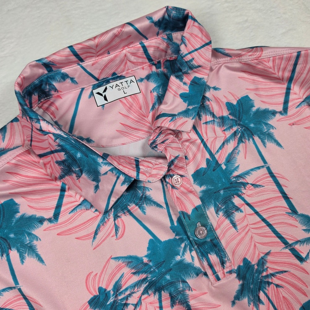 Yatta Golf Mens Pink Teal Tropical Palm Tree Performance Polo Shirt Large L